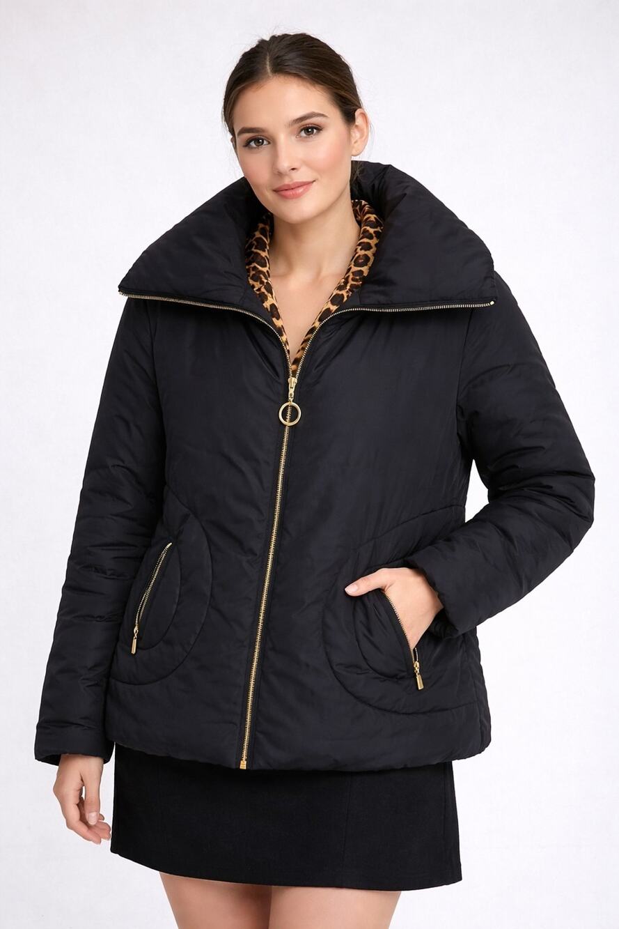 Dana Buchman Black Puffer Coat, Down Feather Zip Leopard Lining Women's Sz XL